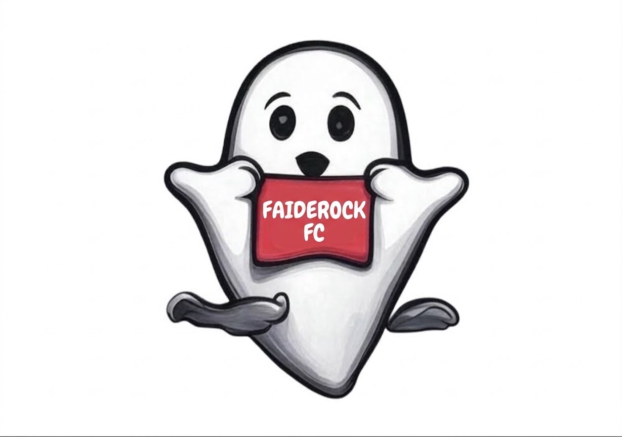 Mascotte fantôme tenant la pancarte FAIDEROCK FC